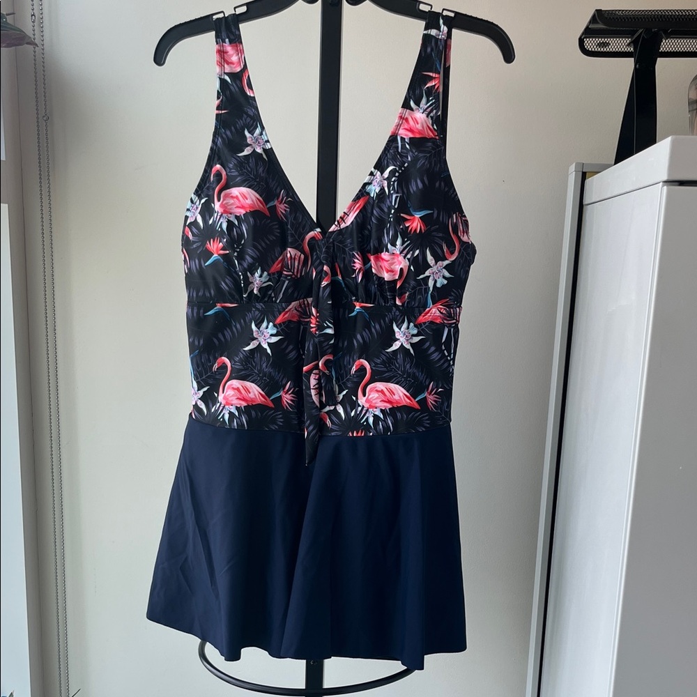 Hotouch Women’s Navy Skirted One-Piece Swimsuit with Pink Flamingo Print.  XXL
